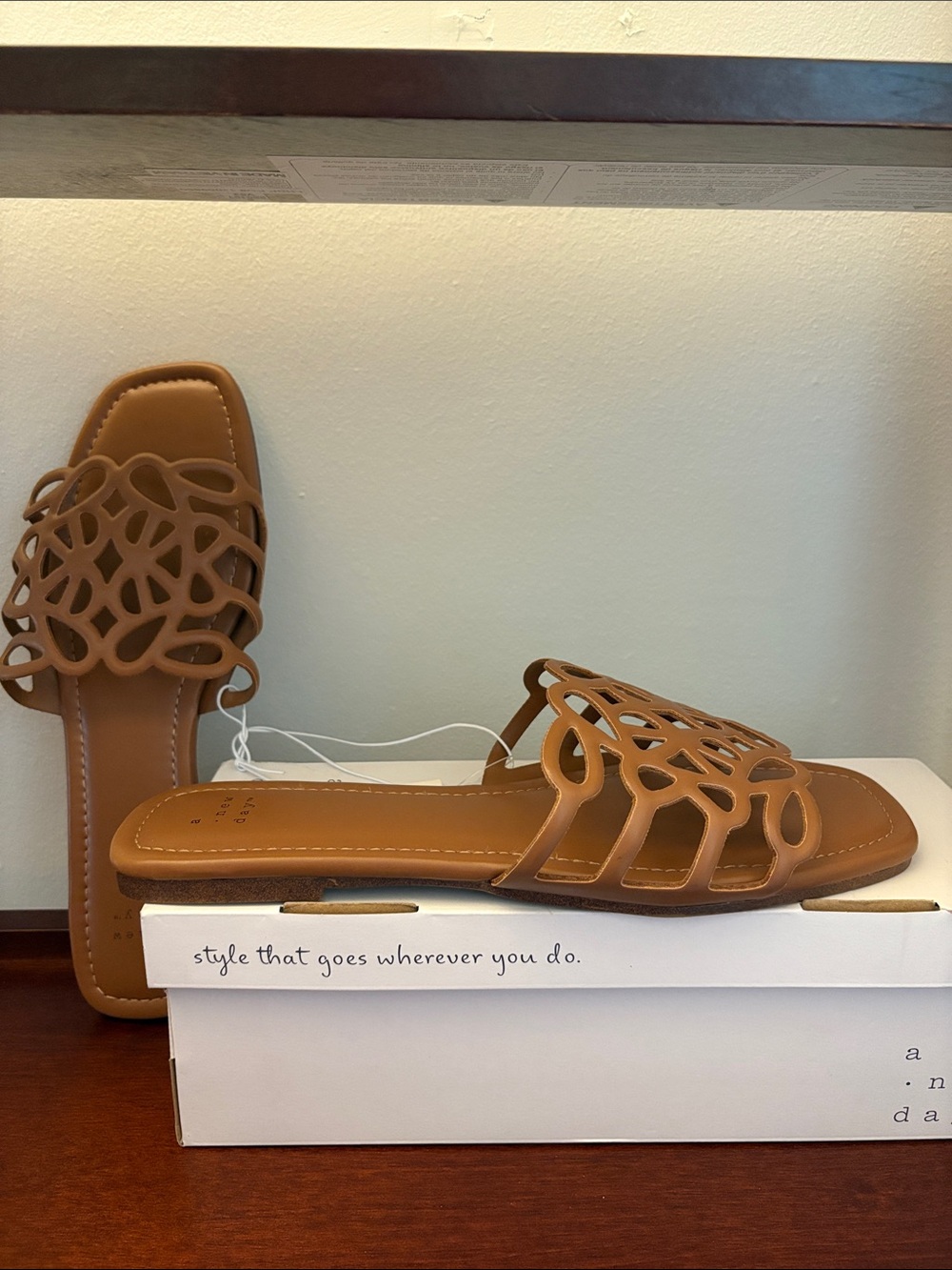A New Day Tan Laser-Cut Slide Sandals